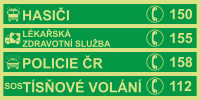 Fotoluminiscenční bezpečnostní značení - Text bez symbolu: Důležitá telefonní čísla - Hasiči / Policie / Zdravotní služba / Tísňové volání