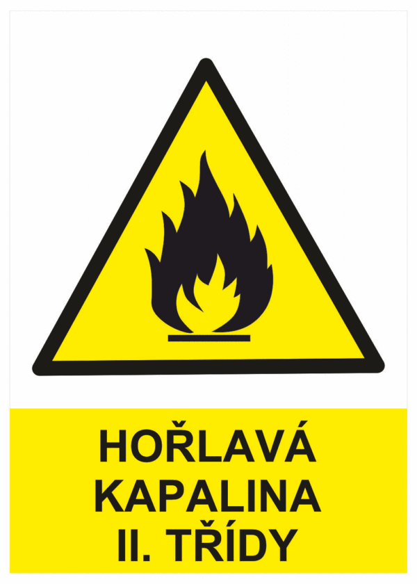 Výstražná bezpečnostní tabulka symbol s textem: "Hořlavá kapalina II. třídy"