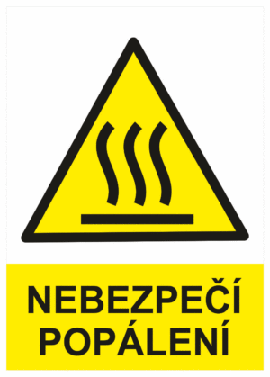 Výstražná bezpečnostní tabulka symbol s textem: "Nebezpečí popálení"
