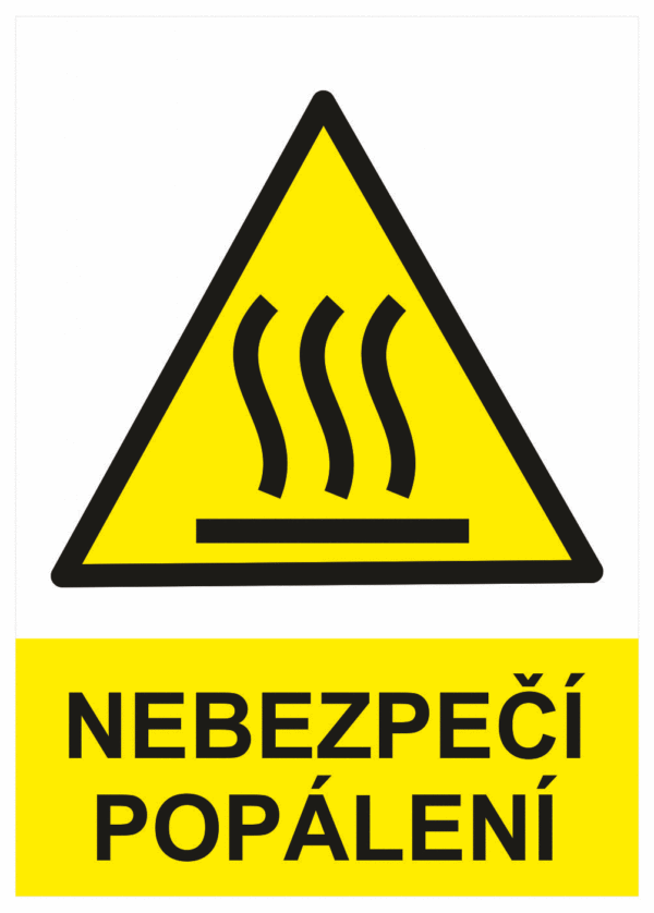 Výstražná bezpečnostní tabulka symbol s textem: "Nebezpečí popálení"