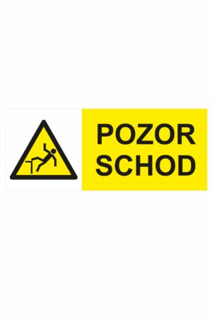 Výstražná bezpečnostní tabulka symbol s textem: "Pozor schod"