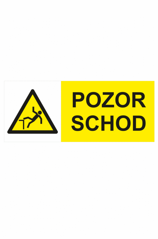 Výstražná bezpečnostní tabulka symbol s textem: "Pozor schod"
