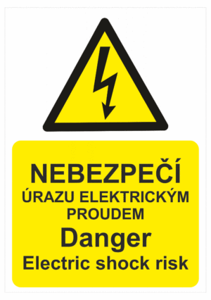 Výstražná bezpečnostní tabulka symbol s textem: "Nebezpečí úrazu elektrickým proudem / Danger Electric shock risk"