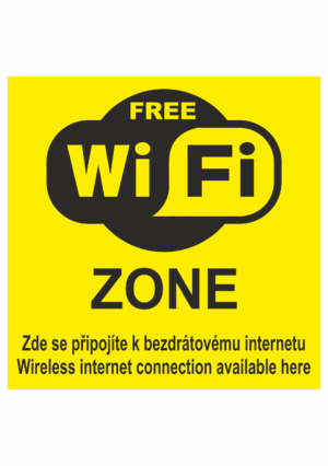 Značení budov, prostorů a vstupů - Označení wifi připojení: "Free Wifi Zone / Zde se připojte k bezdrátovému internetu / Wireless internet connection available here" (Žlutá)