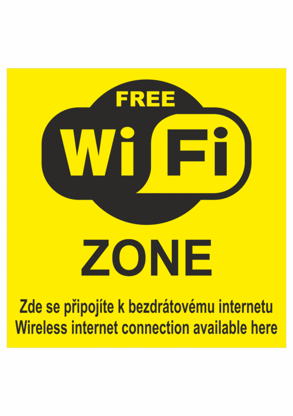 Značení budov, prostorů a vstupů - Označení wifi připojení: "Free Wifi Zone / Zde se připojte k bezdrátovému internetu / Wireless internet connection available here" (Žlutá)