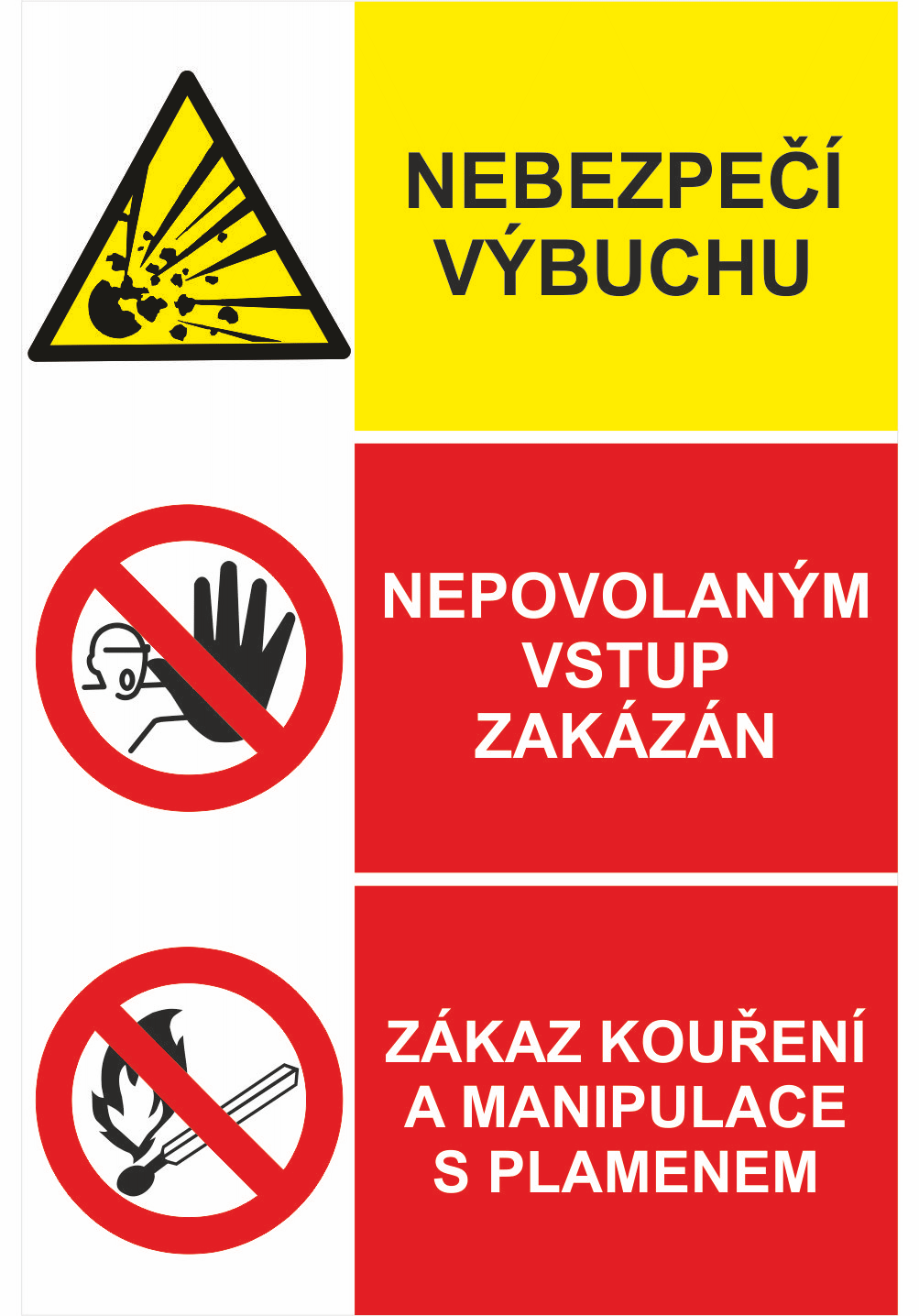 Bezpečnostní kombinovaná tabulka: Nebezpečí výbuchu / Nepovolaným vstup zakázán / Zákaz kouření a manipulace s plamenem