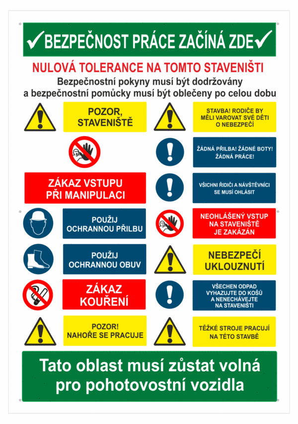 Značení budov - Označení staveniště: Tabule na stavbu s bezpečnostními pokyny (Kombinace výstražných, zákazových a příkazových značek)