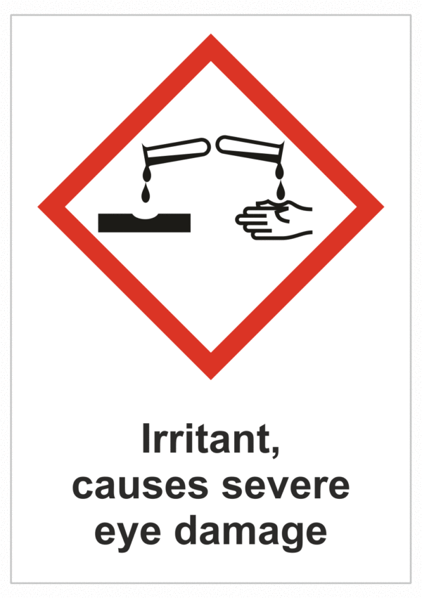 Značení nebezpečných látek a obalů - Symboly GHS s textem: "Irritant, causes severe eye damage"