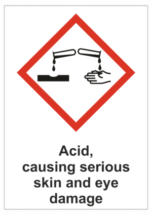 Značení nebezpečných látek a obalů - Symboly GHS s textem: "Acid, causing serious skin and eye damage"