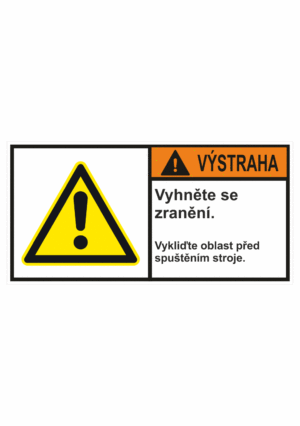 Značení strojů dle ISO 3864-2 - Výstraha: "Vyhněte se zranění / Vykliďte oblast před spuštěním stroje"