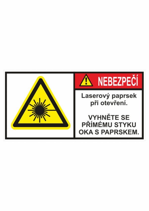 Značení strojů dle ISO 3864-2 - Nebezpečí: "Laserový paprsek při otevření / Vyhněte se přímému styku oka s paprskem"