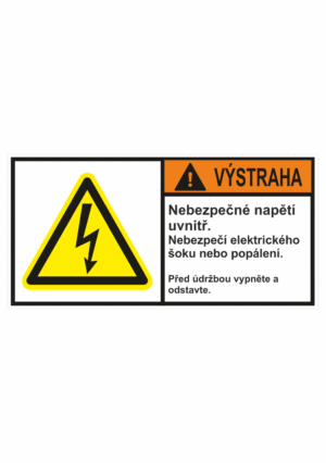 Značení strojů dle ISO 3864-2 - Výstraha: "Nebezpečné napětí uvnitř / Nebezpečí elektrického šoku nebo popálení / Před údržbou vypněte a odstavte"