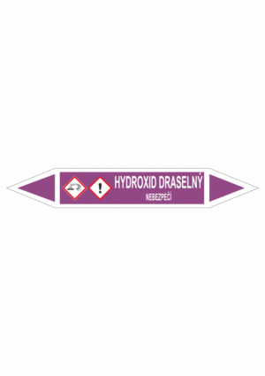 Značení dle ČSN - Oboustranné potrubní šipky se symboly GHS Kyseliny: Hydroxid draselný