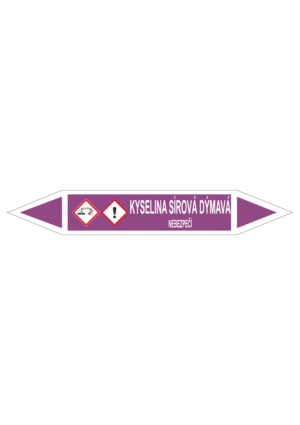 Značení dle ČSN - Oboustranné potrubní šipky se symboly GHS Kyseliny: Kyselina sírová dýmavý