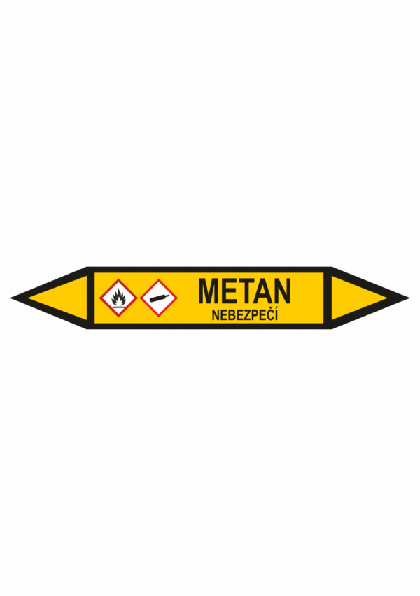 Značení dle ČSN - Potrubní šipky se symboly GHS Plyn: Metan