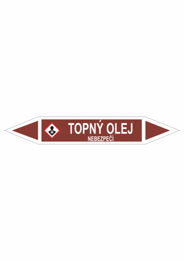 Značení dle ČSN - Oboustranné potrubní šipky se symboly GHS Tekutiny: Topný olej