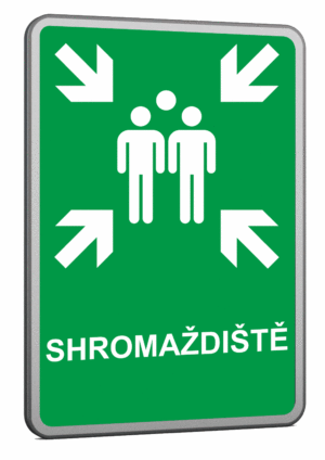 Velkoplošná požární plechová cedule - Shromaždiště - Symbol s textem