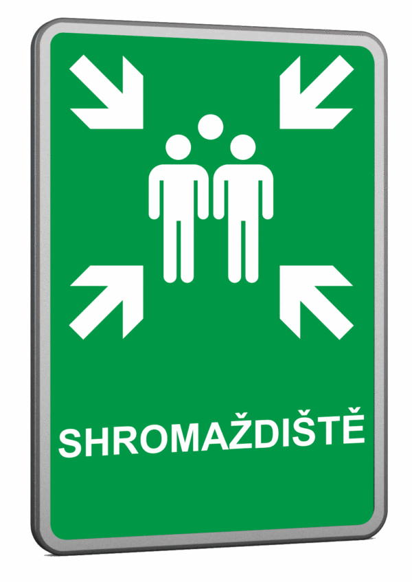 Velkoplošná požární plechová cedule - Shromaždiště - Symbol s textem