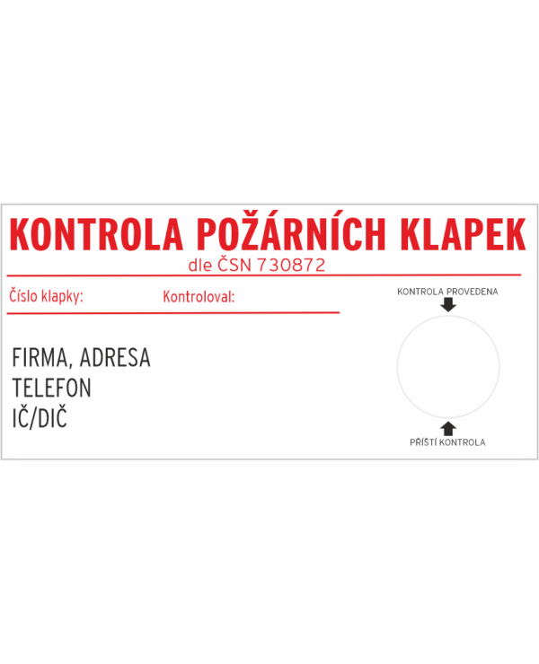 Štítek KONTROLA POŽÁRNÍCH KLAPEK